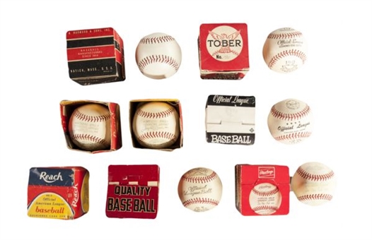 Collection of Various Unused Baseballs (11) with many Mint in Box, Plus FOUR Empty Vintage Boxes!